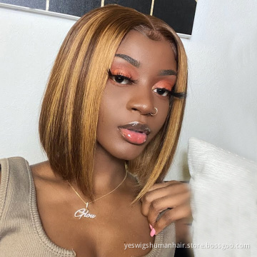Virgin Brazilian 100%Human Hair Bone Straight Super Double Drawn 4/27# Colour Highlight Bob Hd Lace Closure Wigs For Black Women